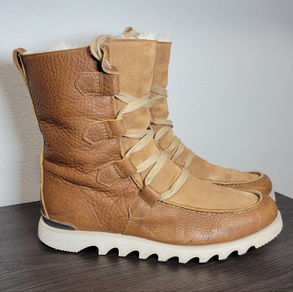 Sorel Kezar Waterproof Leather- Suede Tall Storm Sherpa Lined Laceup Boots Tan